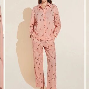 Eberjey Organic Sandwashed Cotton Printed Long PJ Set Peach Pink Sz S NEW